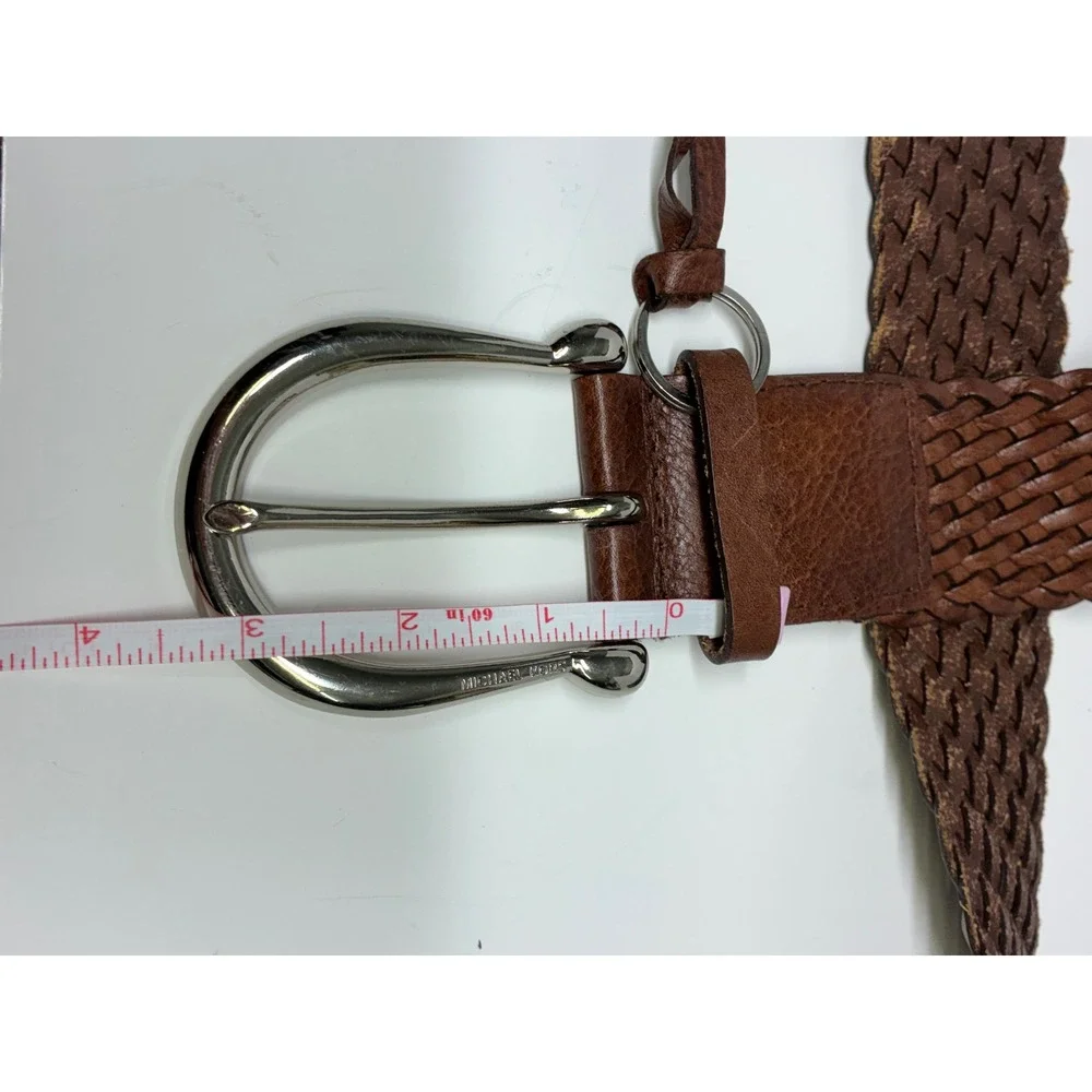MICHAEL M Kors Brown Braided Leather Belt M Boho Woven Silver MK Charm Wide